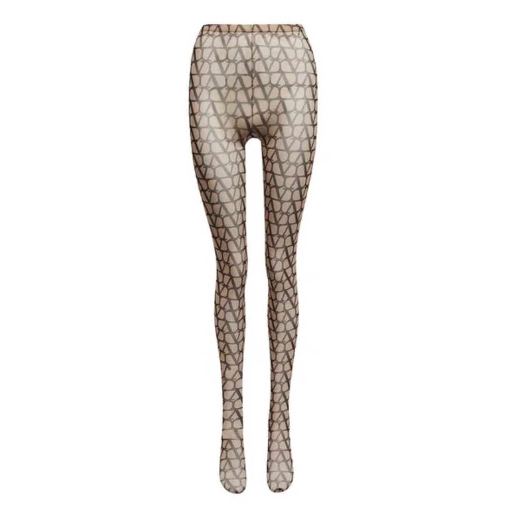 Valentino Garavani Geometric Patterned Hosiery in Black and Cream - Picture 1 of 7